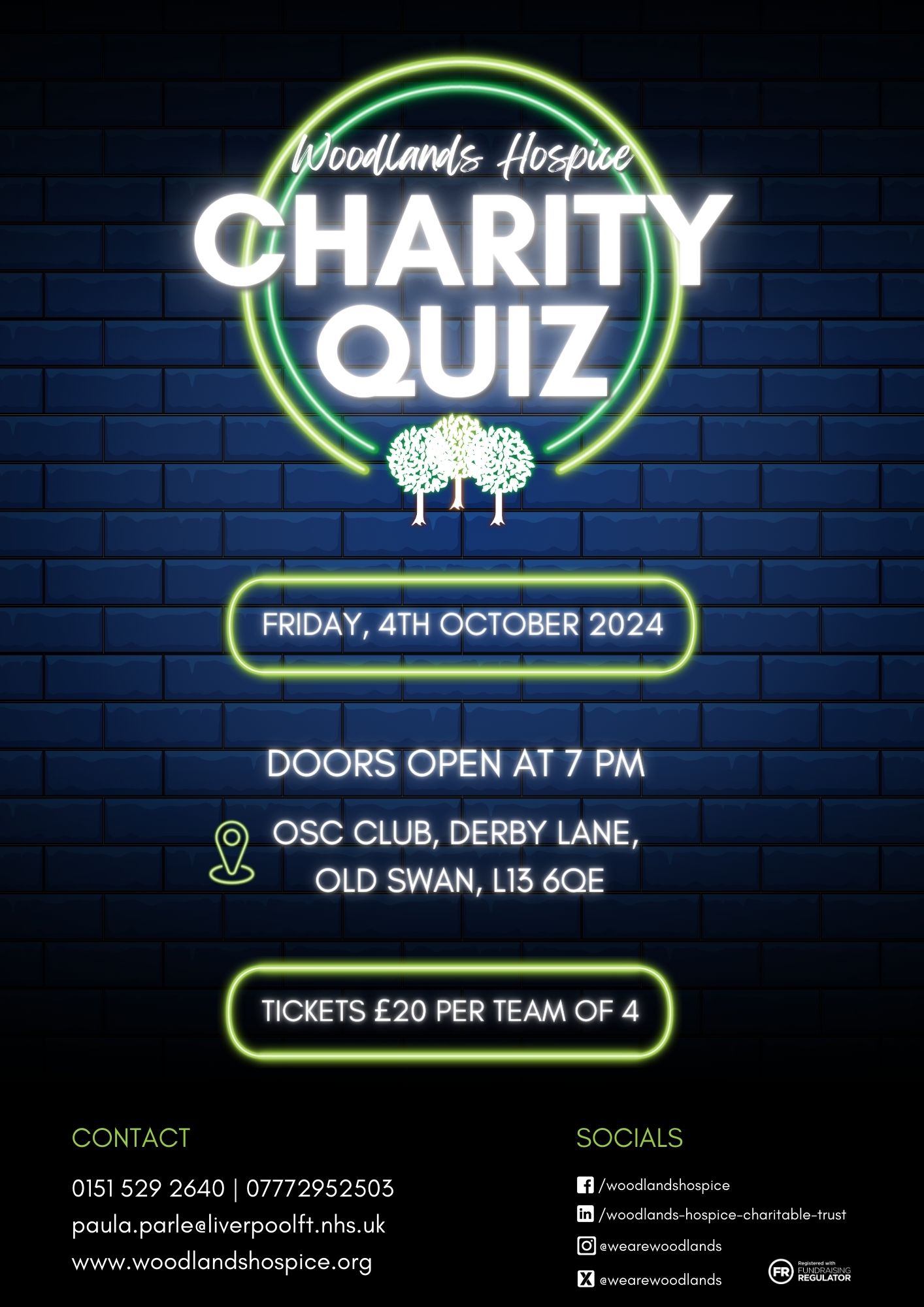 Event Details Friday 4th October 2024  OSC Club, Derby Lane, Old Swan L13 6QE.  Doors Open at 7pm, Quiz Starts at 8pm.  Tickets £20 per team of 4, mixed teams preferred but not essential.  Mid evening entertainment.  Raffle & Roll the Pound Coin fun on the night.
